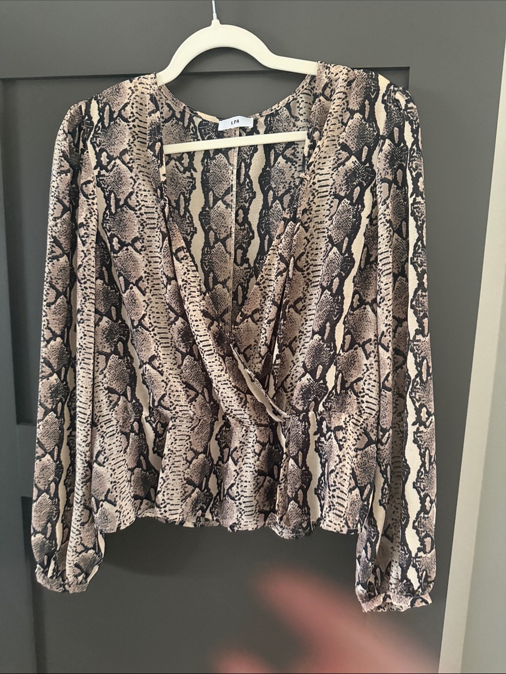 LPA Snake Print Wrap Blouse in Beige and Black